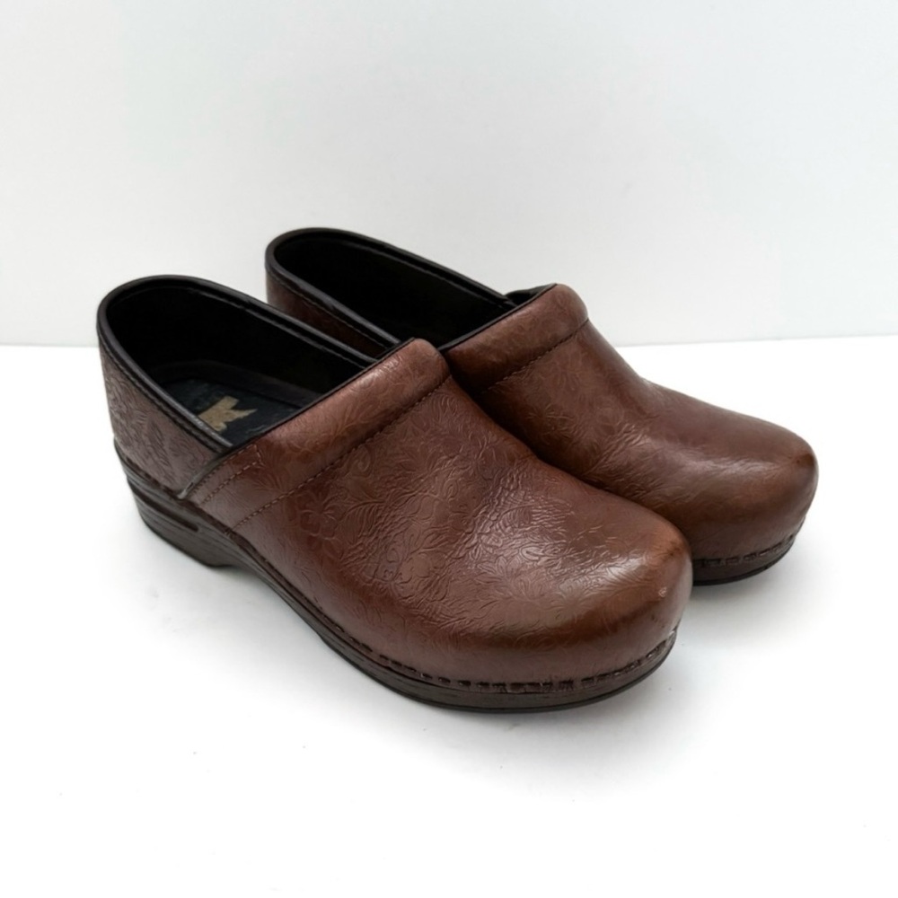 Dansko XO Brown Leather Tooled Floral Clogs